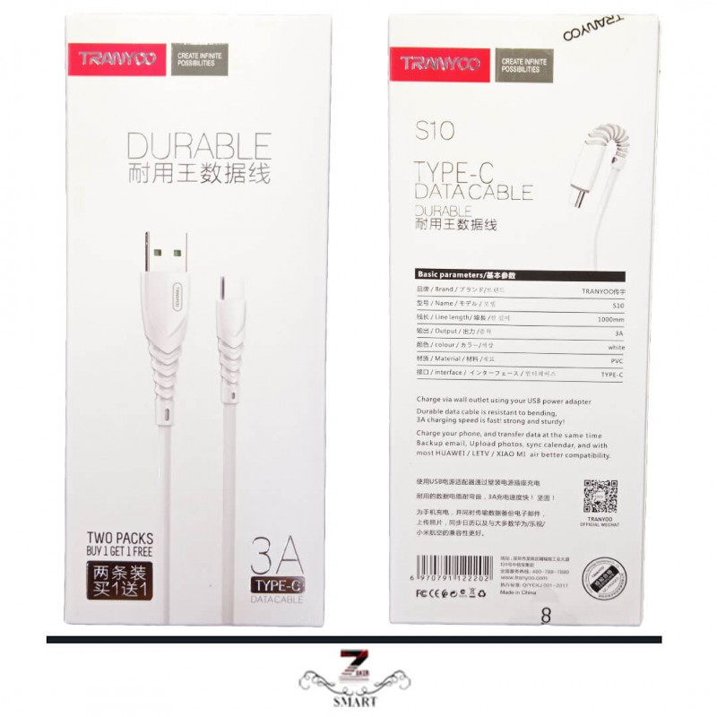 CABLE USB TIPO C 1 METRO 3A PACK X 2 TRANYOO - Imagen 2